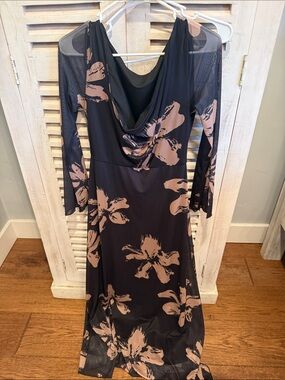 Black & Taupe Floral Cowl-Back Maxi Dress